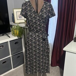 LOFT Black Floral Wrap Midi Dress with Pink and White Blossoms